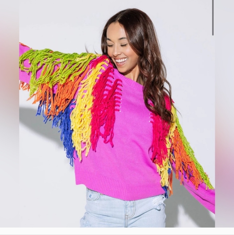 Queen of Sparkles PINK & RAINBOW FRINGE SWEATER Size MED